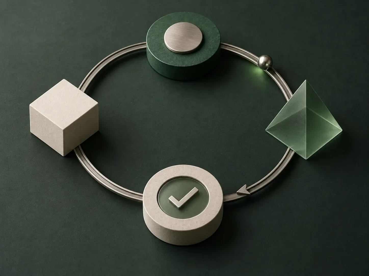 Sculptural cycle of linked forms ending in a checkmark