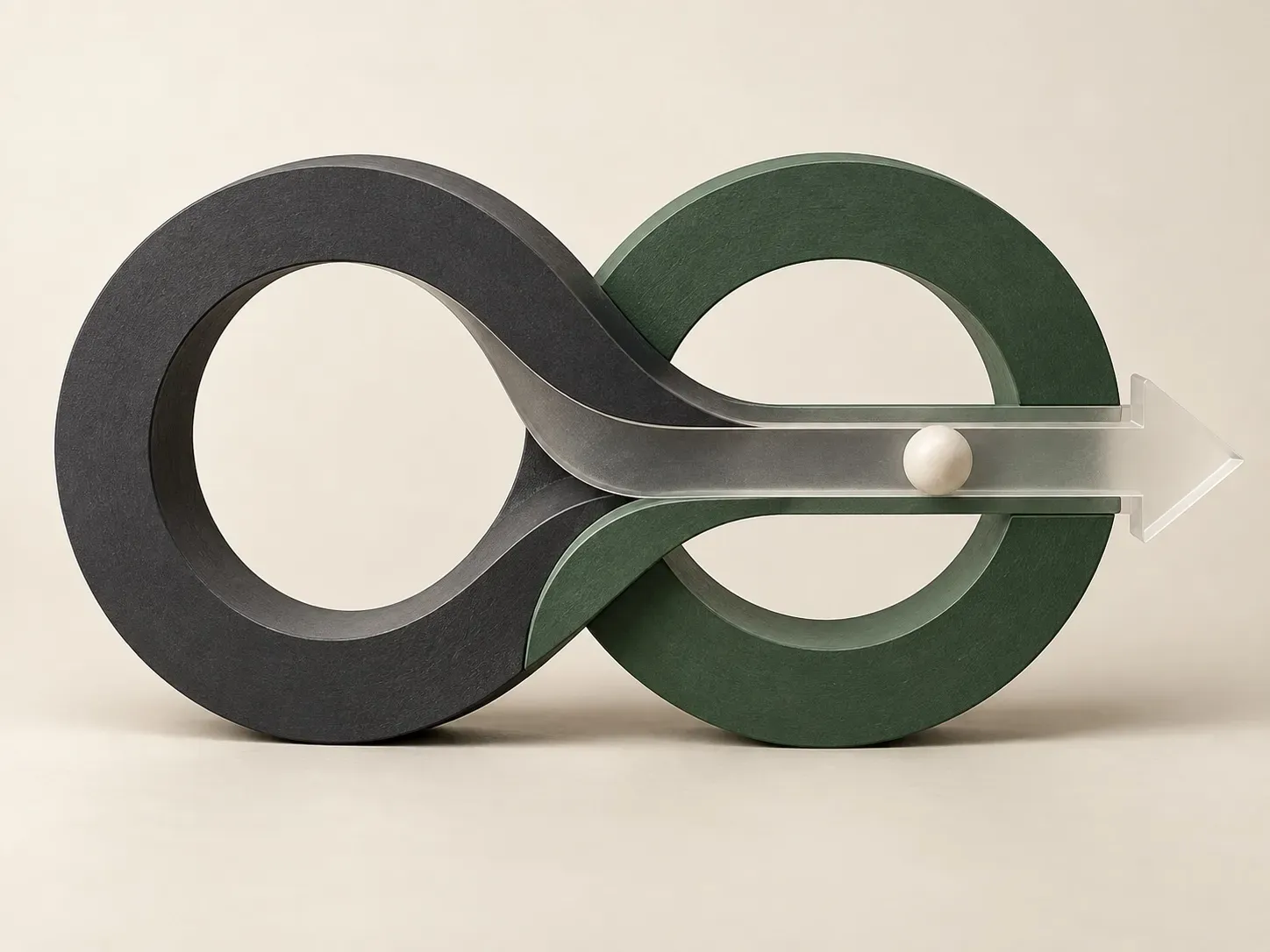 Green and charcoal infinity loop with a guiding arrow