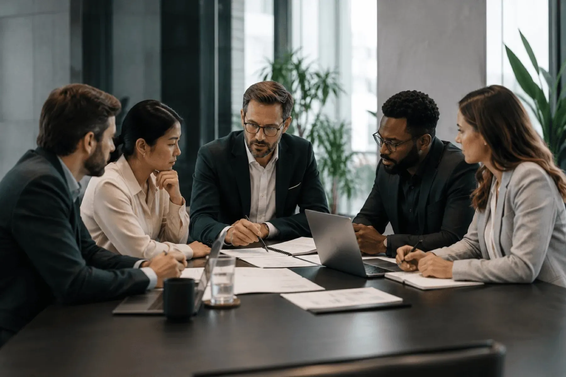 A sales team leaning in around a boardroom table