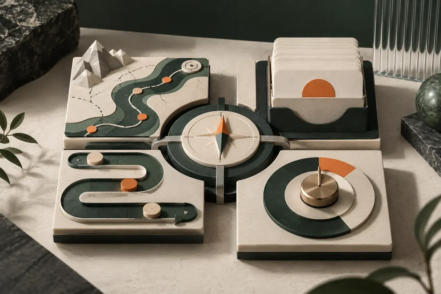 Four sculpted tiles mapping a route, a compass and a progress dial