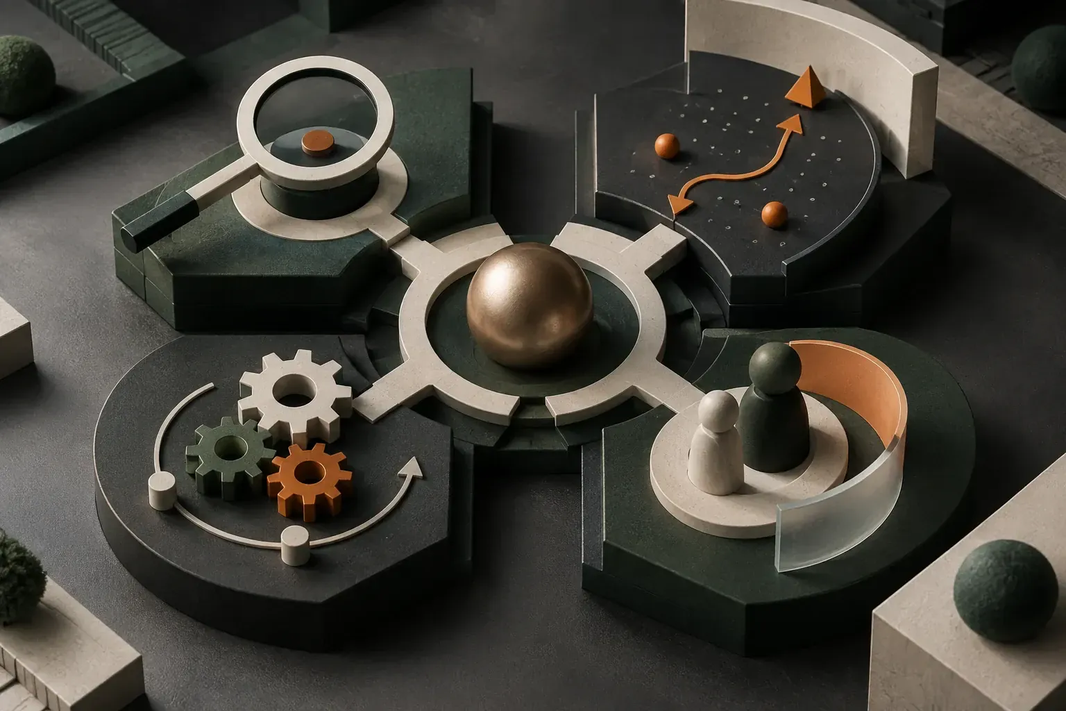 Four modular mechanisms connect around a central deal object