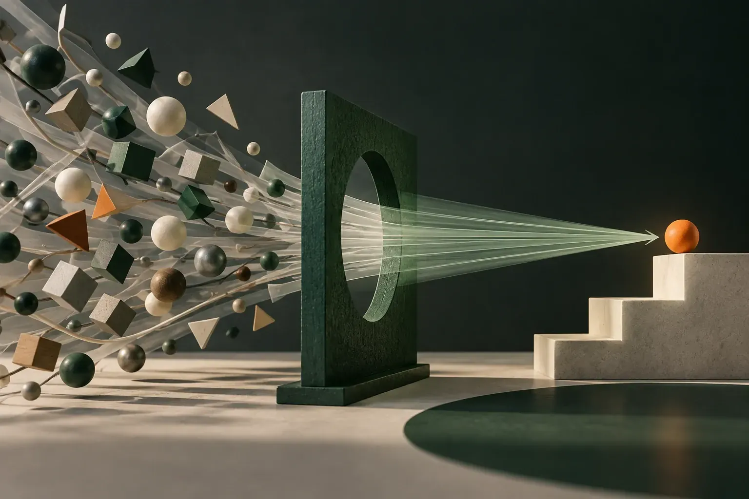 Scattered shapes narrowing through a green frame into a single focused path