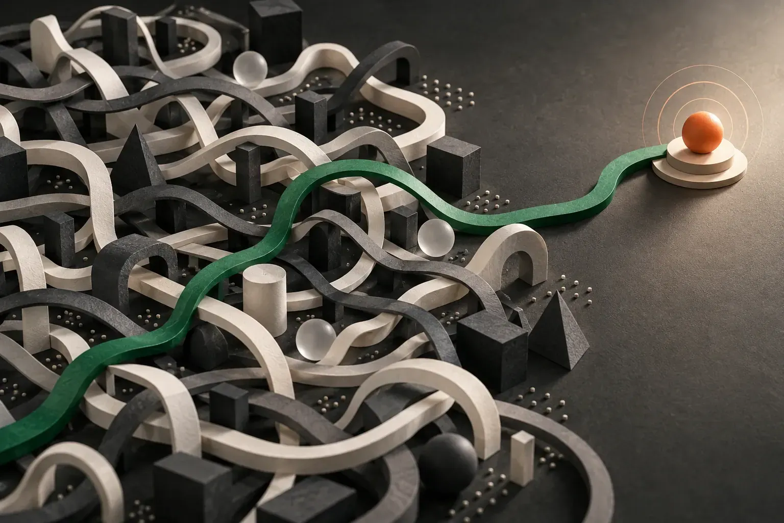 A green path cuts through a dense maze toward an orange target