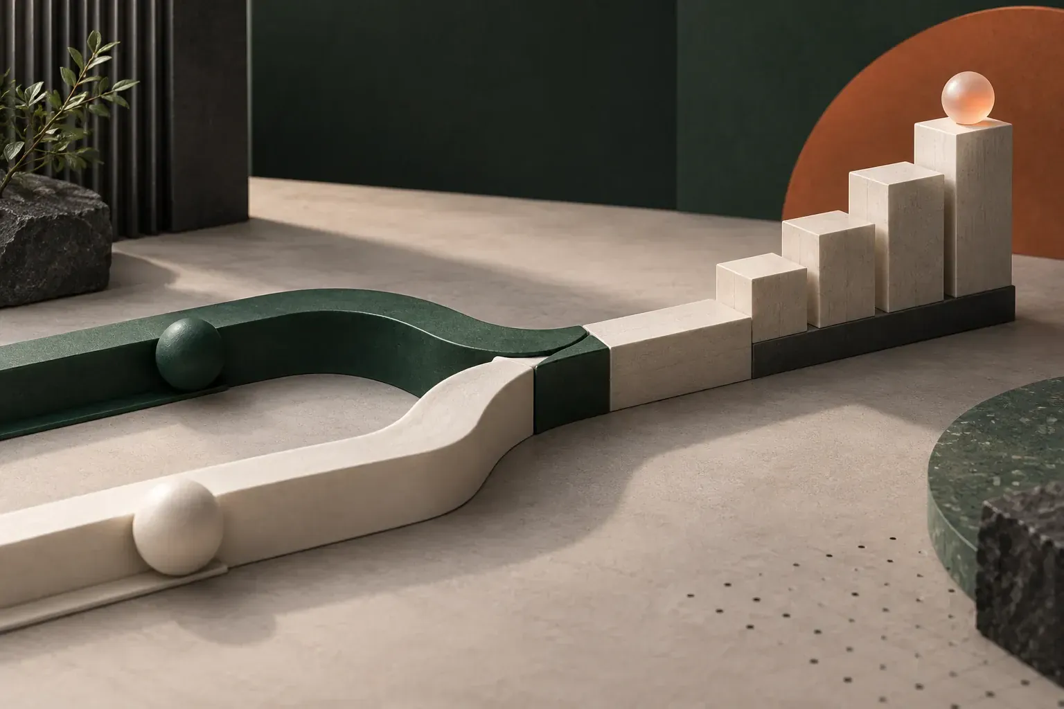 Green and white channels merge into a single ascending system