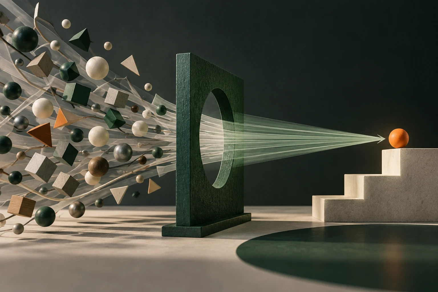 Scattered shapes narrowing through a green frame into a single focused path