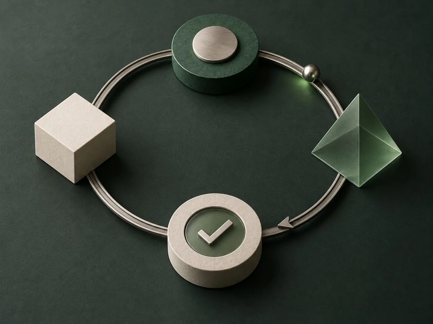 Sculptural cycle of linked forms ending in a checkmark