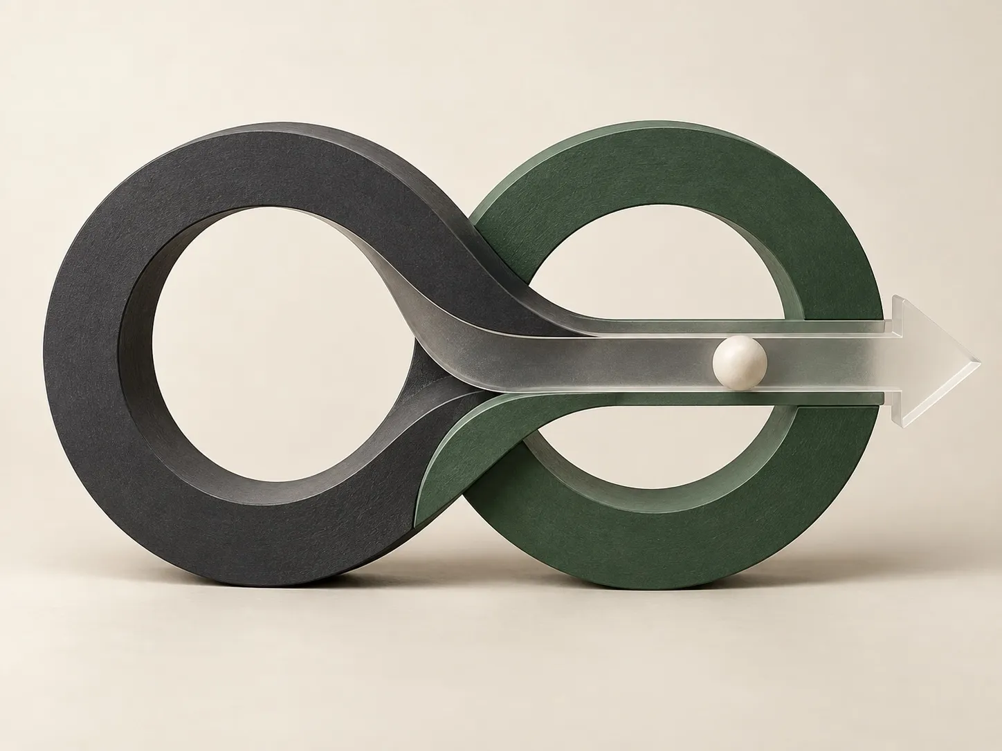 Green and charcoal infinity loop with a guiding arrow